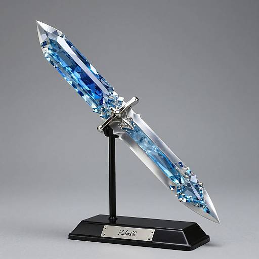 Photograph of a crystal sword with vibrant blue facets, mounted on a black stand with a silver plaque labeled 