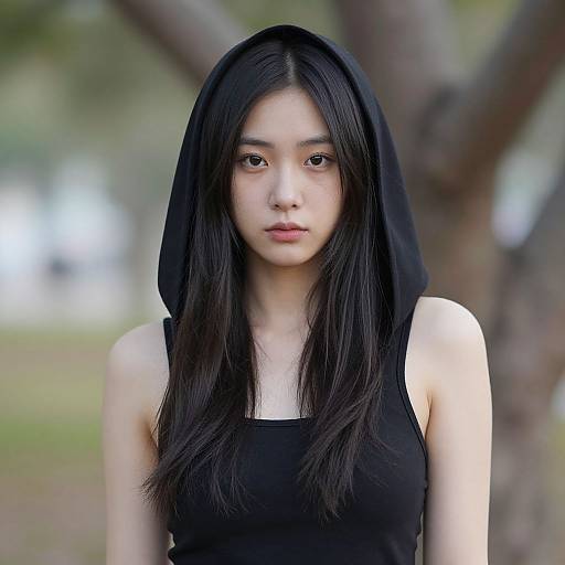 Photograph of an Asian woman with long black hair, wearing a black sleeveless top and hood, standing outdoors with a blurred tree in the background.