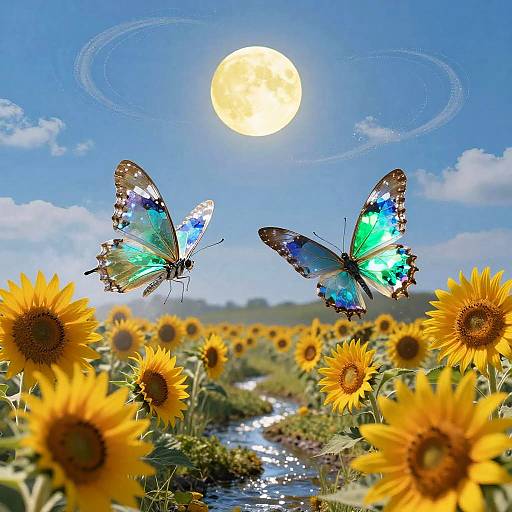 Sparkling Topaz Butterflies in Sunflower Field