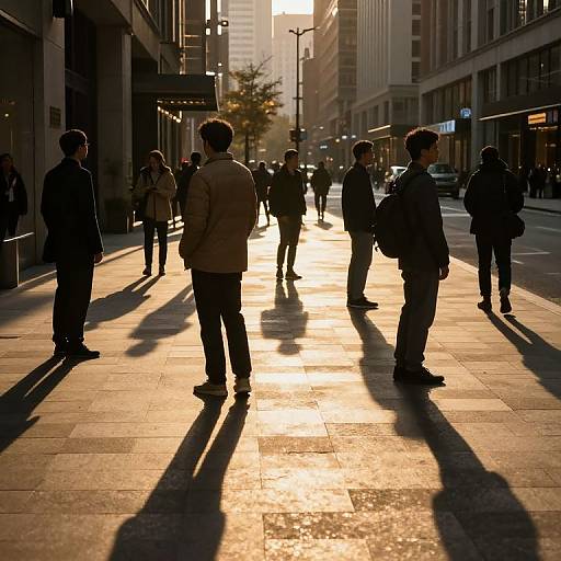 Photograph of silhouetted pedestrians on a sunlit urban sidewalk, long shadows stretching across the pavement, city buildings lining the background.