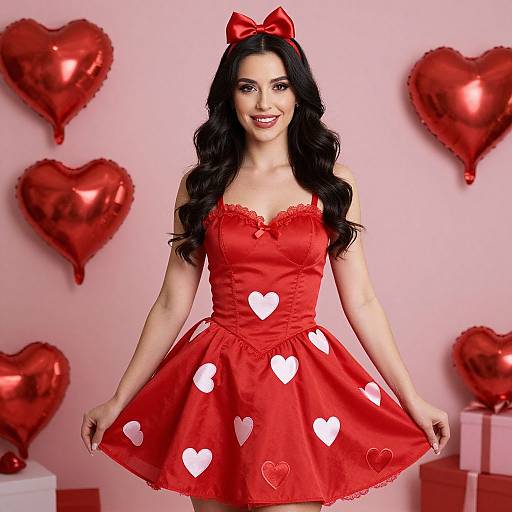 Photograph of a smiling woman with long black hair, wearing a red heart-patterned dress, red bow headband, and holding out her skirt,