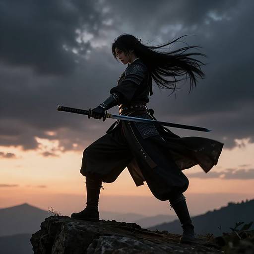 Silhouetted samurai with long black hair and katana, standing on rocky cliff at sunset, dark clouds overhead, mountains in background.