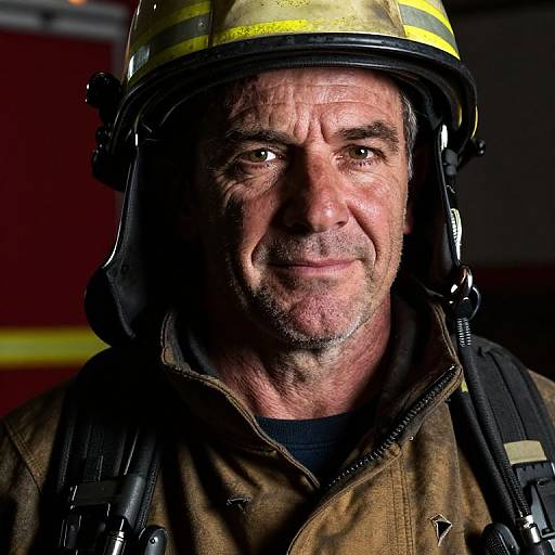 Photograph of a middle-aged, rugged-faced male firefighter with a slight smile, wearing a yellow-striped helmet and brown uniform, against a dark background.