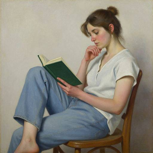Realistic painting of a young woman with fair skin, brown hair in a bun, wearing a white V-neck shirt and blue jeans, sitting on a