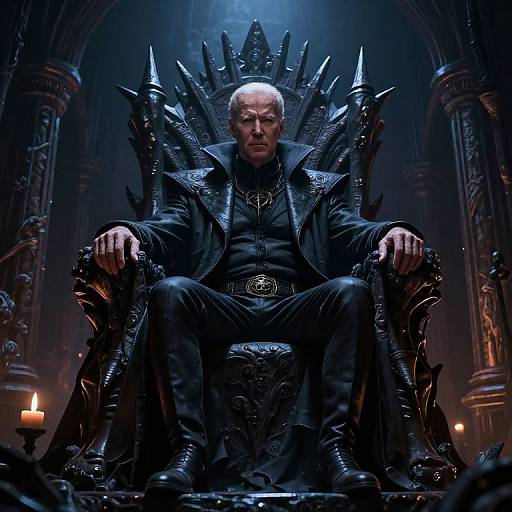 Photograph of an elderly white man with short white hair, sitting on a dark, spiked, throne-like chair in a dimly lit, gothic
