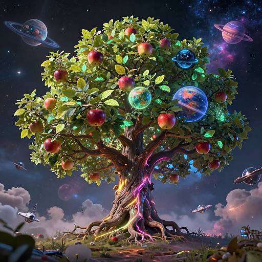 Digital artwork of a magical tree with glowing apples, colorful bubbles, and cosmic planets in a starry night sky. Roots engulf fiery ground. Vibrant