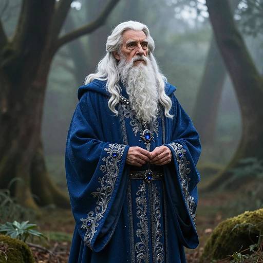 Photograph of an elderly, white-bearded wizard in a blue, ornately embroidered robe, standing in a misty, dense forest.