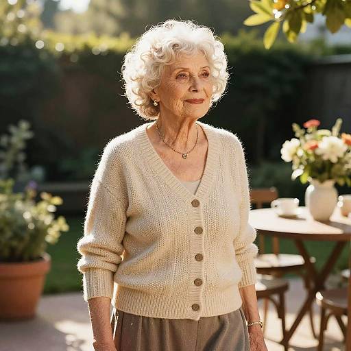 Elderly Woman in Sunlit Garden Patio