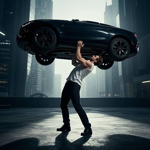 Photograph of a muscular man in a white tank top and black pants, lifting a shiny black sports car overhead in a dark, futuristic urban parking garage