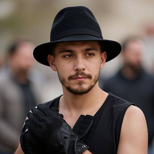Photograph of a bearded man with medium skin tone, wearing a black hat and sleeveless black shirt, holding a black glove, with blurred background