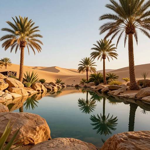 Photograph of a desert oasis with tall palm trees, rocky terrain, and a calm reflective water pool, under a clear blue sky.