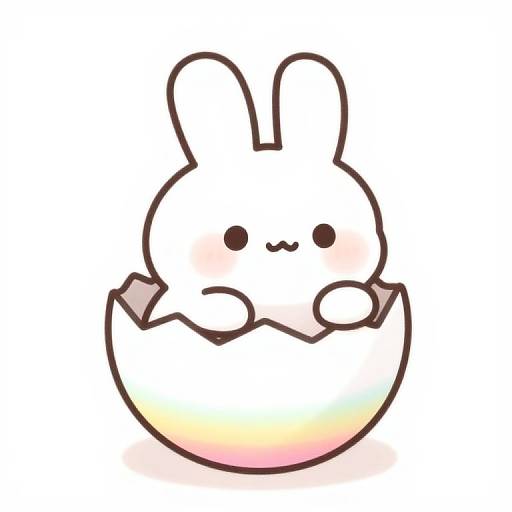 Cute chibi-style digital drawing of a white, round bunny with blush cheeks, small black eyes, and a simple smile, holding a pink and