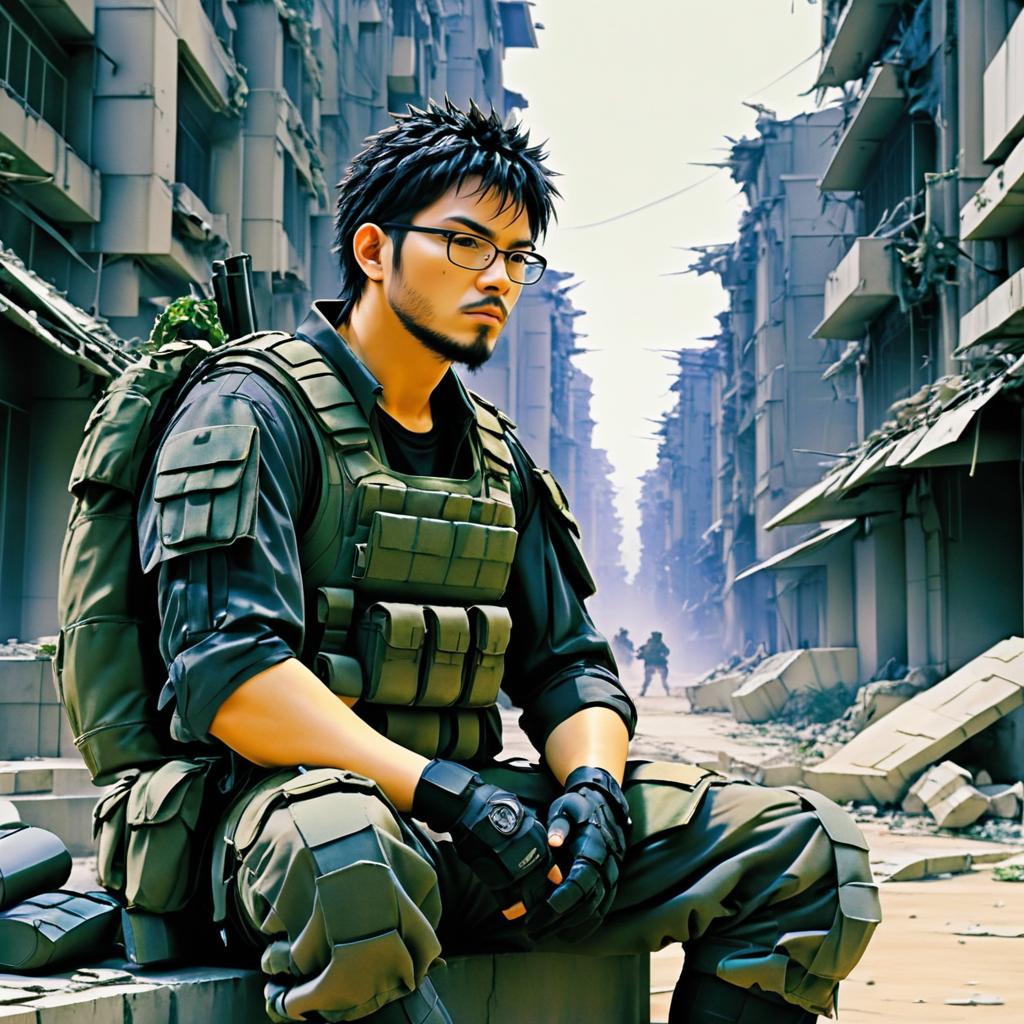 Anime Soldier in a War-Torn City