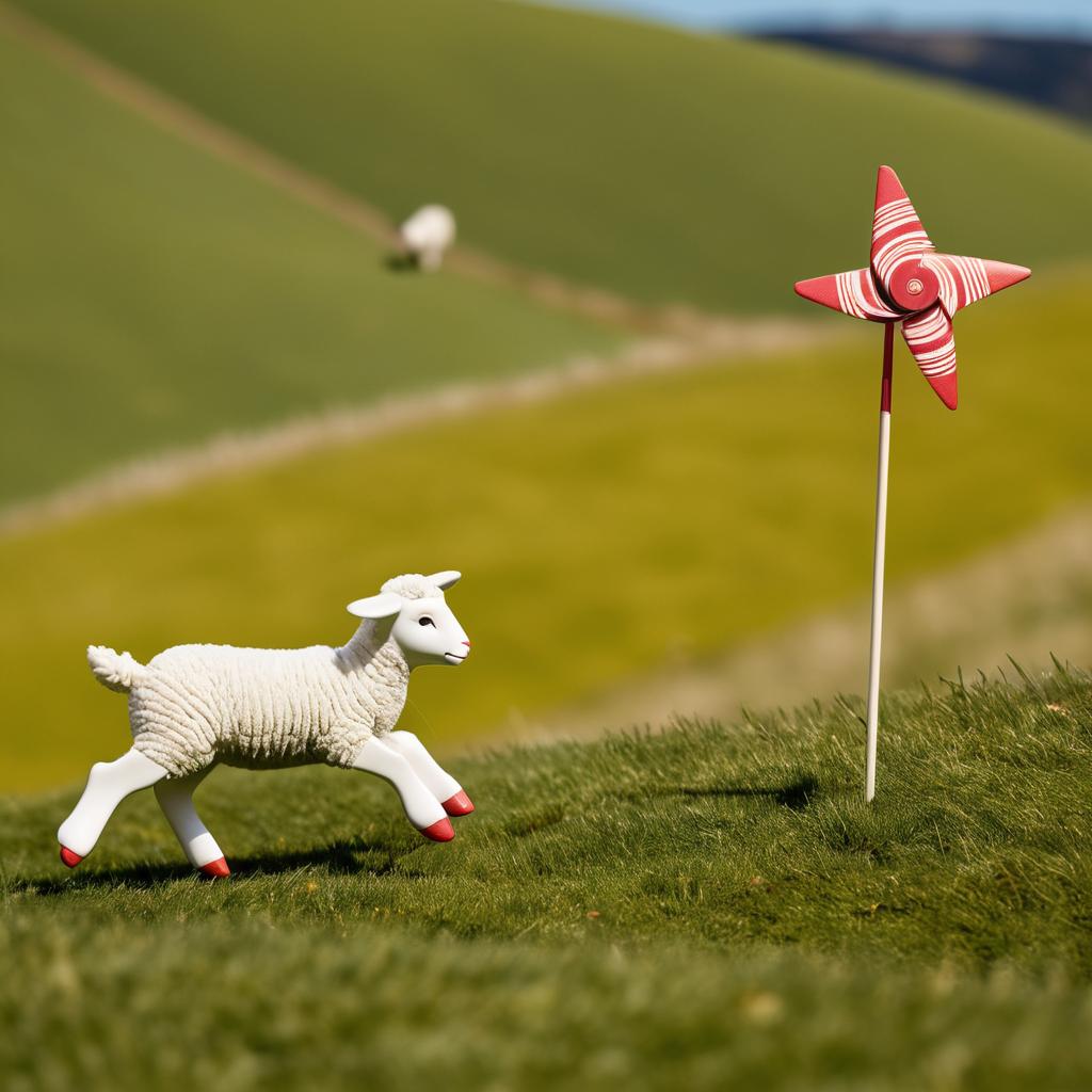 Joyful Lamb Chasing Pinwheel on Hillside