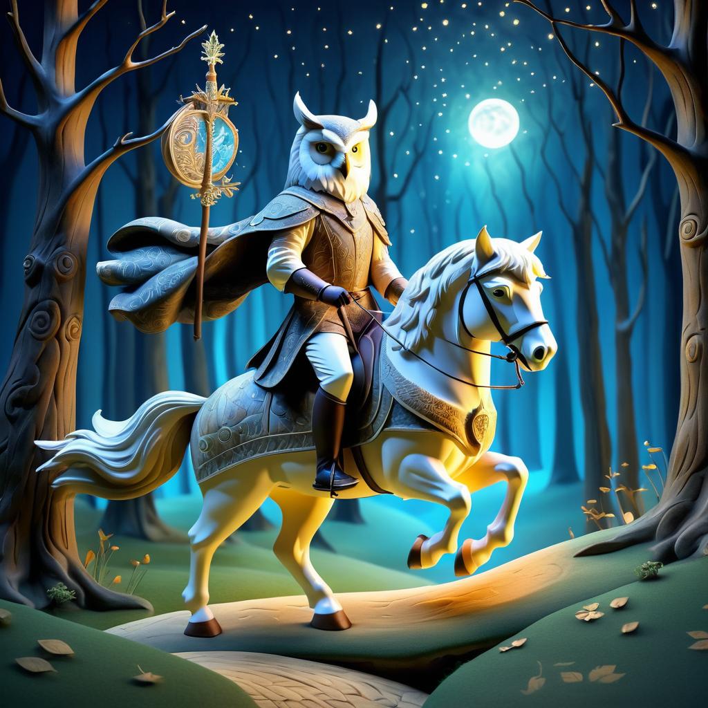 Wise Owl on Horse in Enchanted Forest