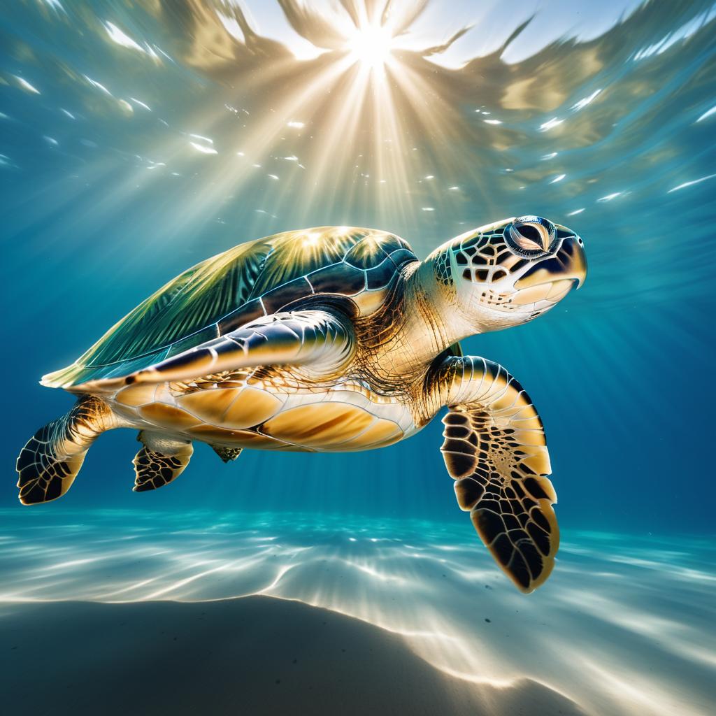 Graceful Sea Turtle Underwater at Golden Hour