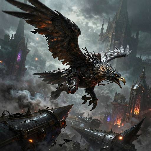 Arcane Sky-Pirate Vaulting Griffon-Mech Between Airships