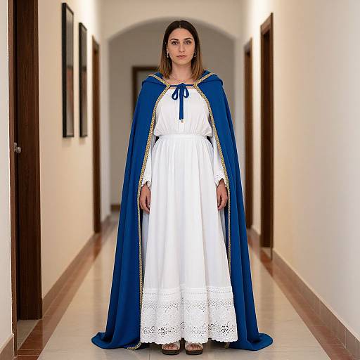 Photograph of a woman with long brown hair, wearing a white lace dress and a blue cape with gold trim, standing in a white hallway with wooden