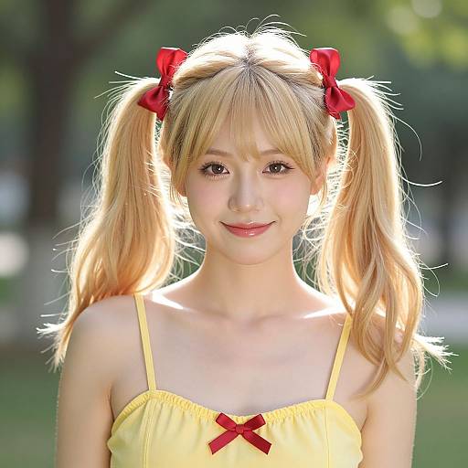 Photograph of a young Asian woman with blonde pigtails, red bows, and a yellow dress with a red bow, smiling in a sunlit