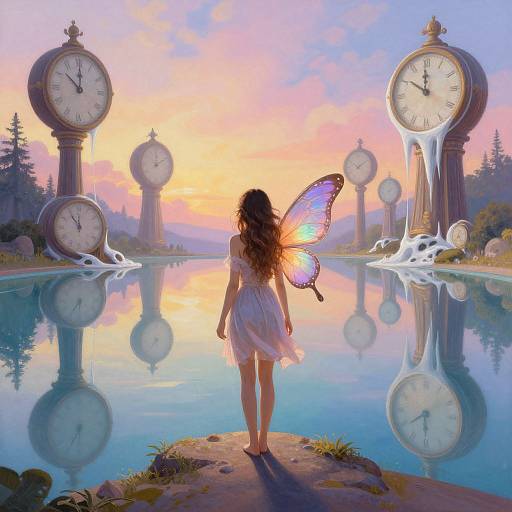 Fantasy digital painting: A woman with long, wavy brown hair and colorful butterfly wings stands on a rocky shore, facing a serene, reflective pond