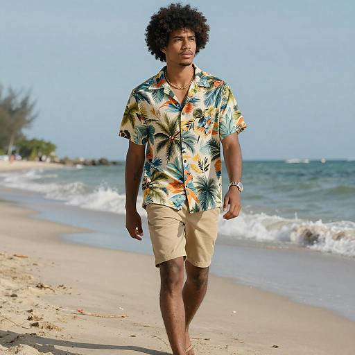 Photograph of a young Black man with curly hair, wearing a colorful pineapple-patterned shirt and beige shorts, walking on a sunny beach with gentle waves