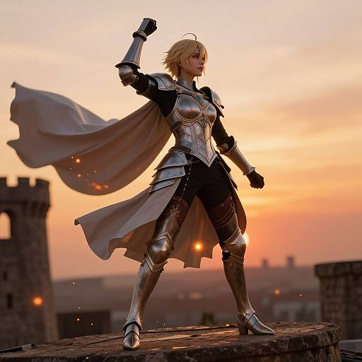 Digital art of a blonde female knight in silver armor with flowing cape, standing triumphantly on a castle rooftop at sunset.