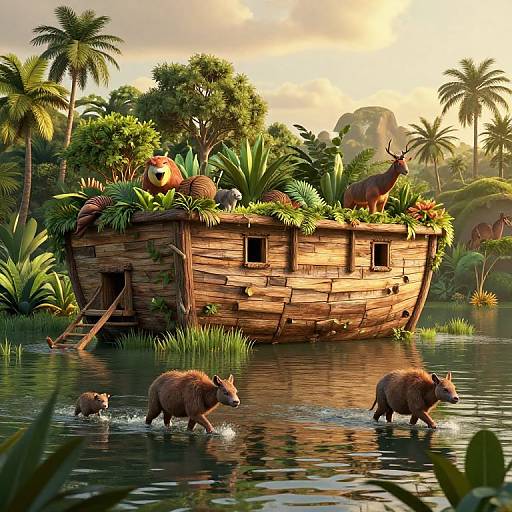 Digital painting of a wooden, jungle-covered raft floating on a tropical river at sunset, with two warthogs wading in front. Palm trees and