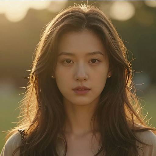 Photograph of a young Asian woman with long, wavy brown hair, soft sunlight highlighting her face, wearing a sleeveless top, looking directly at