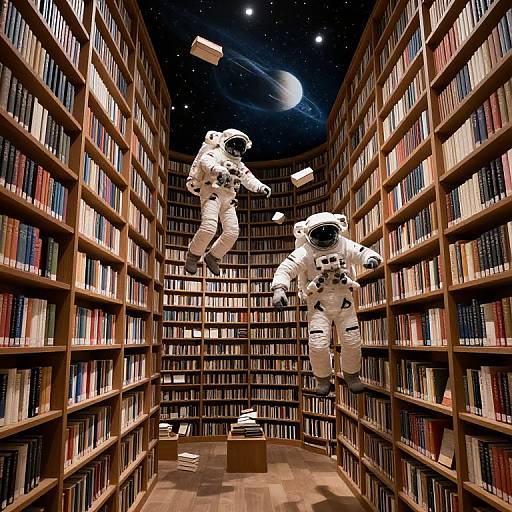 Photograph of two astronauts in white spacesuits floating between tall wooden bookshelves filled with colorful books, under a starry night sky with a cres