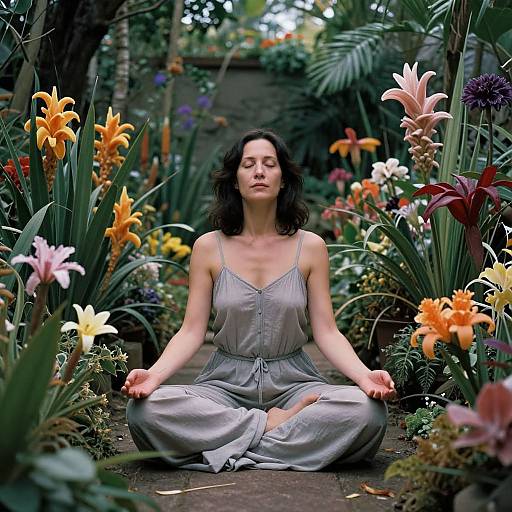 Photograph of a serene woman with medium-length dark hair, wearing a light gray sundress, meditating in a colorful garden surrounded by vibrant flowers.