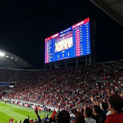 Photograph of a packed stadium at night, with a large digital scoreboard displaying game details, and fans dressed in red cheering.