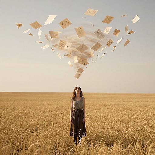 Photograph of a woman with long brown hair standing in a golden wheat field, papers swirling above her head in a circular motion, under a clear blue