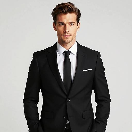 Photograph of a handsome Caucasian man with short brown hair, wearing a black suit, white shirt, and black tie, against a white background.