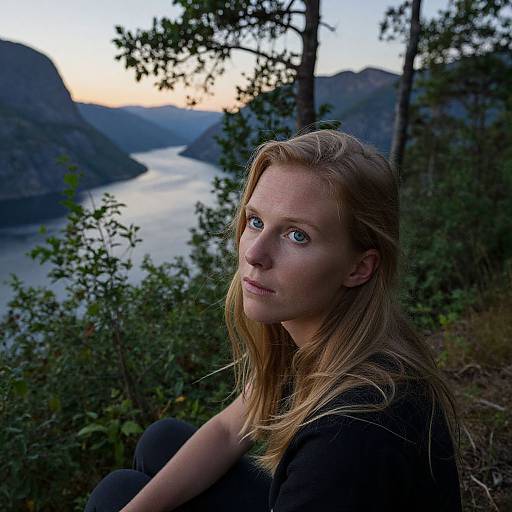 Photograph of a blonde woman with blue eyes, sitting on a forested cliff overlooking a serene lake at sunset. She wears a black top, g