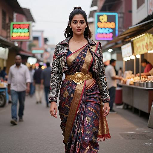 Photograph of a confident Indian woman in a colorful, patterned sari with a gold belt, walking down a bustling street market at dusk, neon