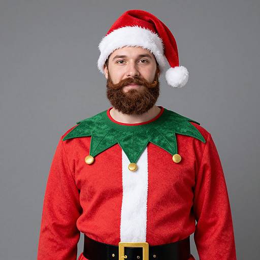 Photograph of a bearded man with a Santa hat, wearing a red Christmas sweater with green elf-like shoulders and a black belt. Gray background.