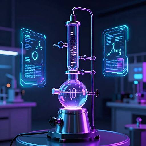 Neon-lit laboratory scene with a glowing, digital-readout Erlenmeyer flask on a metallic stand, surrounded by holographic molecular displays against