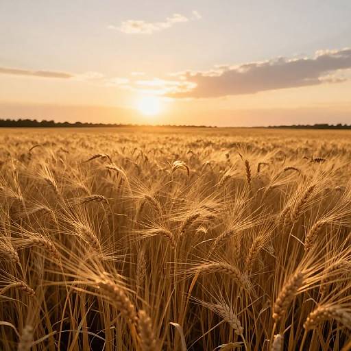 Golden wheat field at sunset, with sun low on horizon, casting warm light on tall, ripe stalks, and a thin cloud line in the sky