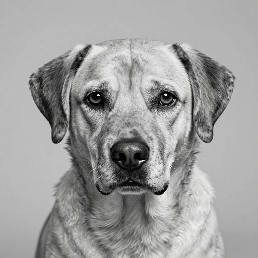 Black-and-white photograph of a solemn-looking dog with floppy ears, staring directly at the camera against a plain light gray background.