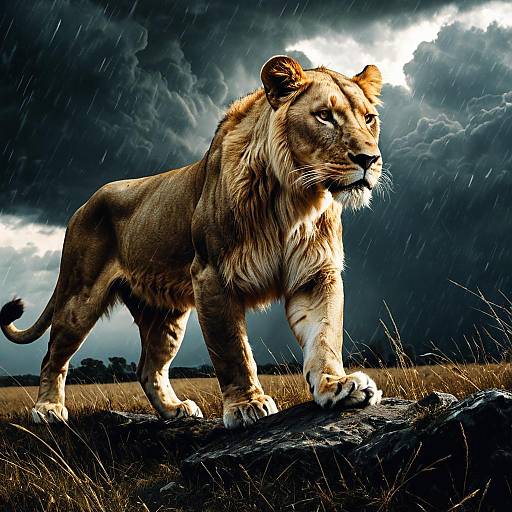 Lioness in Stormy Landscape
