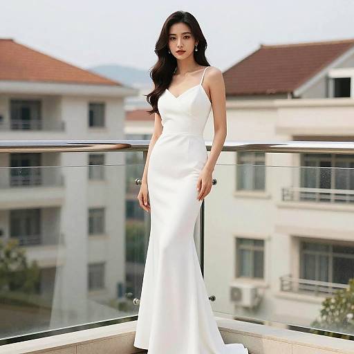 Elegant Woman in White Formal Dress on Balcony
