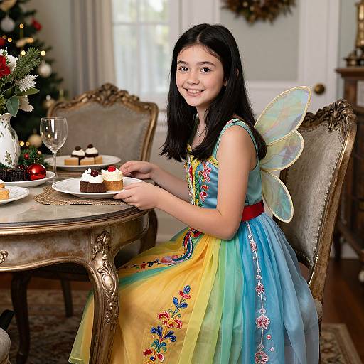 Photograph of a young Asian girl with long black hair, wearing a colorful fairy dress with butterfly wings, sitting at an ornate table in a Christmas
