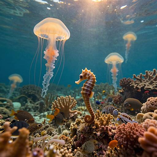 Photograph of vibrant underwater coral reef with glowing jellyfish and a striped seahorse, surrounded by colorful corals and small fish. Sunlight filters
