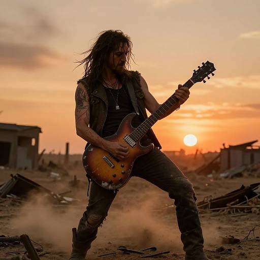 Photograph of a long-haired, tattooed man with messy hair, playing a sunburst electric guitar at sunset in a ruined, dusty desert landscape.