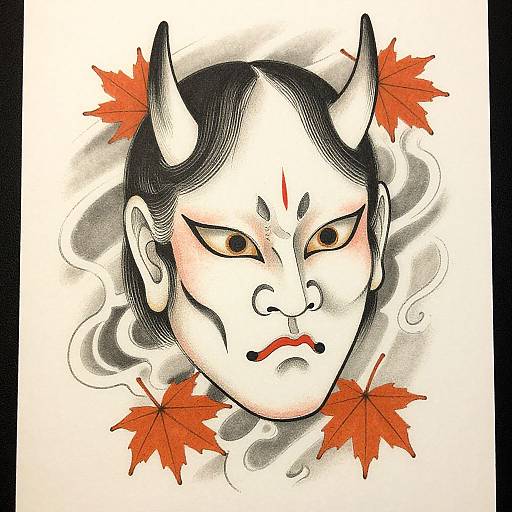 Traditional Japanese woodblock-style drawing of a stern oni mask with black horns, red markings, and orange maple leaves surrounding it.