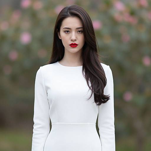 Photograph of an Asian woman with long black hair, red lipstick, and white long-sleeve dress, standing against a blurred pink-flower background