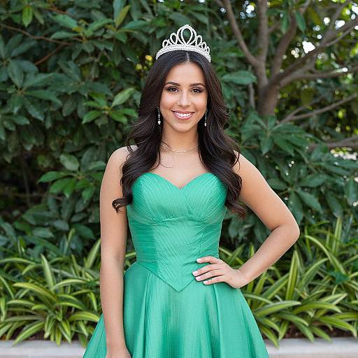 Photograph of a smiling woman with long black hair, wearing a silver tiara, green strapless ball gown, and necklace, standing in front of