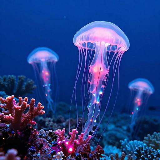 Bioluminescent Jellyfish Above Coral