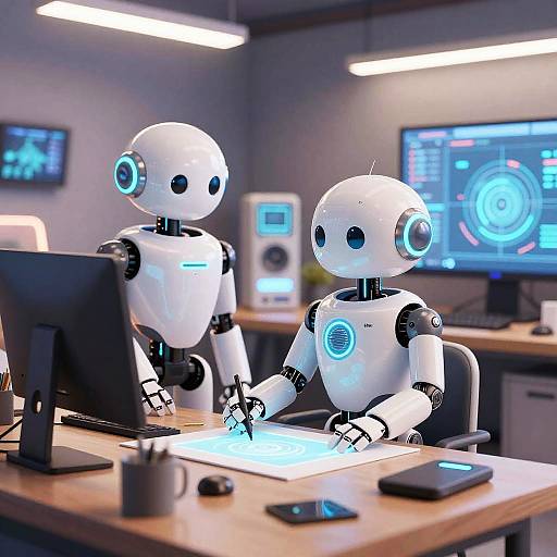 Photograph of two white, round-headed, glowing-eyed robots working on a desk with monitors, keyboard, and coffee cup in a brightly lit office.