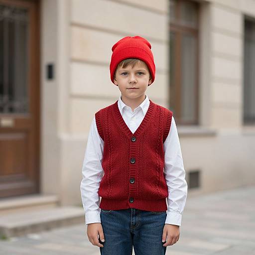 Boy in Red Hat by French Building